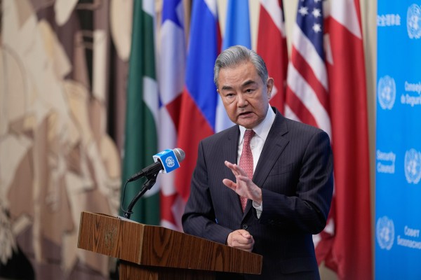 Chinese Foreign Minister Wang Yi speaks to reporters at the United Nations headquarters in New York on Tuesday. Photo: AP