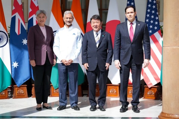 From left: Australian Foreign Minister Penny Wong, Indian External Affairs Minister Subrahmanyam Jaishankar, Japanese Foreign Minister Toshimitsu Motegi and US Secretary of State Marco Rubio pose in New Delhi at a meeting of Quad foreign ministers. Photo: Kyodo From left: Australian Foreign Minister Penny Wong, Indian External Affairs Minister Subrahmanyam Jaishankar, Japanese Foreign Minister Toshimitsu Motegi and US Secretary of State Marco Rubio pose in New Delhi at a meeting of Quad foreign ministers. Photo: Kyodo