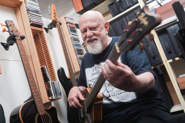 Hong Kong-based musician and actor Anders Nelsson plays his bass guitar during an interview at his studio in Fo Tan, in Hong Kong’s Sha Tin district, on May 13, 2026. Photo: Eugene Lee