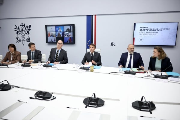 French President Emmanuel Macron (centre) chairs an international videoconference on global growth. Photo: EPA French President Emmanuel Macron (centre) chairs an international videoconference on global growth. Photo: EPA