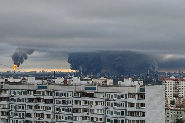 Plumes of smoke and flames rise from an oil refinery following an apparent Ukrainian drone strike on Moscow, Russia, on Thursday. Photo: Social media via Reuters