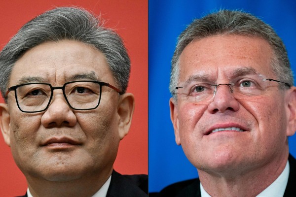 China’s Commerce Minister Wang Wentao, left, and EU trade chief Maros Sefcovic, who held talks in Brussels as Beijing and the bloc sought to ease escalating trade tensions. Photos: AFP