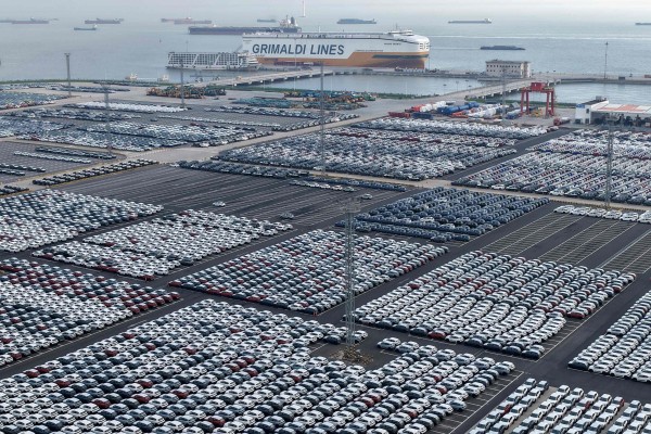Chinese-made cars are seen on a dock before being loaded onto a ship for export in Suzhou port, in China's eastern Jiangsu province, on July 7, 2026. Photo: AFP