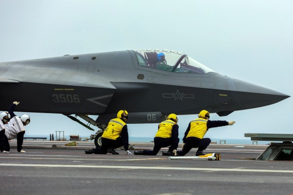 A J-35 prepares for a catapult launch on the deck of the Fujian, China’s most advanced carrier. Photo: Xinhua