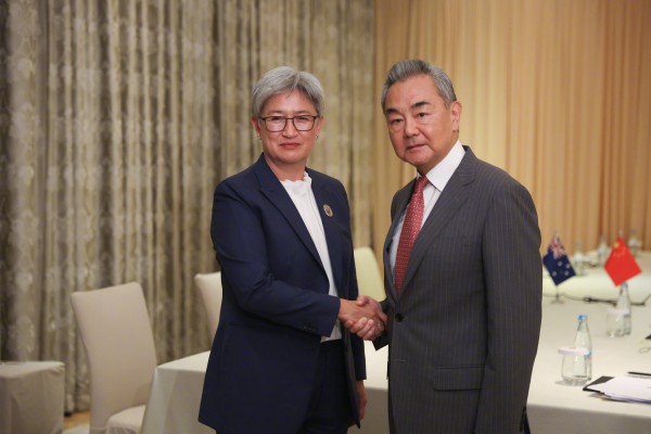 Australian Foreign Minister Penny Wong and China’s top diplomat Wang Yi on the sidelines of an Asean meeting in Manila on Tuesday. Photo: Weibo/ 外交部