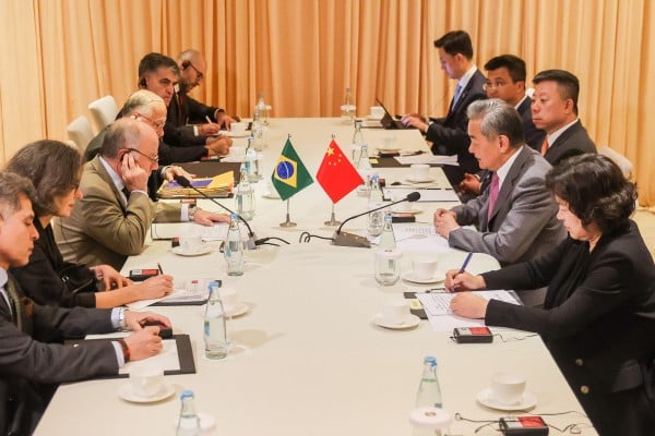 Brazilian Foreign Minister Mauro Vieira (centre, left) and Chinese Foreign Minister Wang Yi (centre, right) meet on the sidelines of the Asean foreign ministers' meeting in Manila, the Philippines, on Thursday. Photo: Xinhua Brazilian Foreign Minister Mauro Vieira (centre, left) and Chinese Foreign Minister Wang Yi (centre, right) meet on the sidelines of the Asean foreign ministers' meeting in Manila, the Philippines, on Thursday. Photo: Xinhua