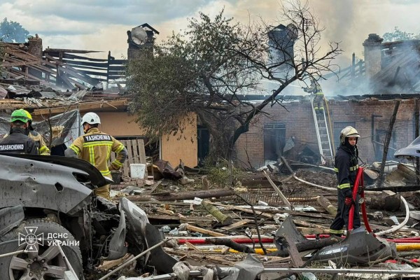 The site of a Russian missile strike in the Kyiv region of Ukraine on Friday. Photo: Ukrainian Emergency Services via AP