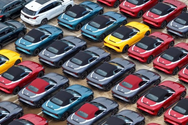 Chinese-made MG Cyberster electric vehicles wait to be loaded onto a ship for export at a car yard in Yantai, Shandong province, last month. Photo: AFP Chinese-made MG Cyberster electric vehicles wait to be loaded onto a ship for export at a car yard in Yantai, Shandong province, last month. Photo: AFP
