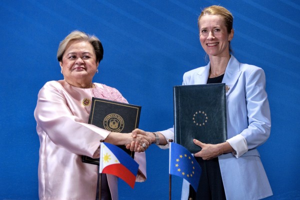 Philippines Foreign Secretary Theresa Lazaro (left) and EU European Commission Vice-President Kaja Kallas pose for photos after signing the Enhanced Partnership between the Philippines and the European Union on the sidelines of the Asean foreign ministers’ meeting in Pasay City, on Friday. Photo: EPA Philippines Foreign Secretary Theresa Lazaro (left) and EU European Commission Vice-President Kaja Kallas pose for photos after signing the Enhanced Partnership between the Philippines and the European Union on the sidelines of the Asean foreign ministers’ meeting in Pasay City, on Friday. Photo: EPA