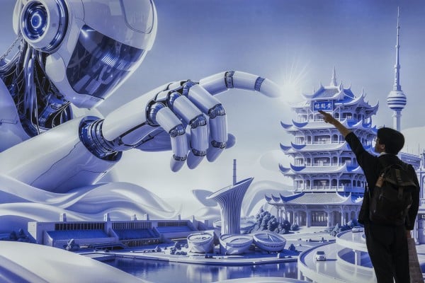 A man poses in front of a billboard showing a humanoid robot in the AI section of the China International Supply Chain Expo last month in Beijing. Photo: Getty Images A man poses in front of a billboard showing a humanoid robot in the AI section of the China International Supply Chain Expo last month in Beijing. Photo: Getty Images