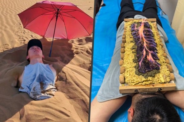 As China faces historic summer heat, youth are turning to TCM "dampness removal" remedies like hot sand burials and herbal burning. Photo: SCMP composite/RedNote/douyin As China faces historic summer heat, youth are turning to TCM "dampness removal" remedies like hot sand burials and herbal burning. Photo: SCMP composite/RedNote/douyin