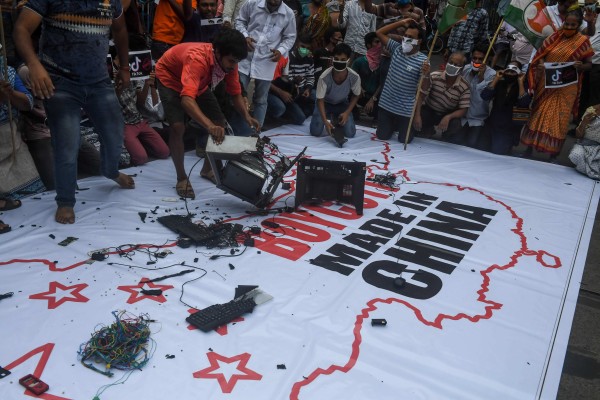 Protesters destroy Chinese goods in Kolkata, India, on June 18, 2020, soon after the countries' militaries clashed on their border. Photo: AFP