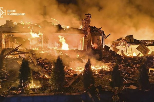 The site of an overnight Russian strike on the Ukrainian village of Pukhivka near Kyiv on Saturday. Photo: Handout via EPA