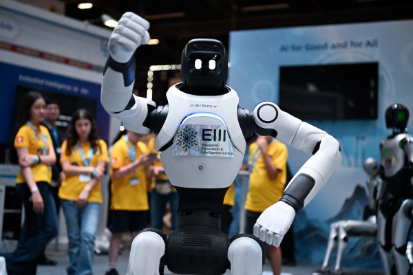 A robot made by Chinese company AgiBot dances at the AI for Good Global Summit in Geneva, Switzerland, on July 7. Photo: Xinhua