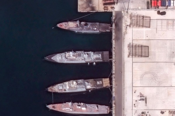 A satellite image shows heavily damaged ships at the Black Sea port of Novorossiysk in Russia, following Ukrainian strikes. Photo: Vantor/AFP