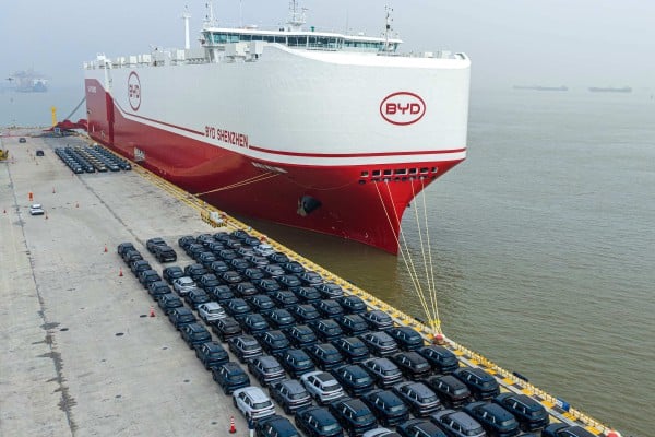 Cars destined for export await loading onto BYD’s Shenzhen car carrier at the port in Suzhou, Jiangsu province, in April. Photo: AFP Cars destined for export await loading onto BYD’s Shenzhen car carrier at the port in Suzhou, Jiangsu province, in April. Photo: AFP
