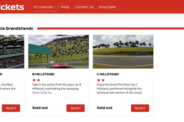 The official F1 website shows that tickets in several categories for the race in Malaysia in October were sold out. Photo: F1