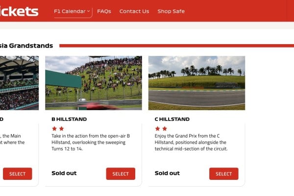The official F1 website shows that tickets in several categories for the race in Malaysia in October were sold out. Photo: F1 The official F1 website shows that tickets in several categories for the race in Malaysia in October were sold out. Photo: F1