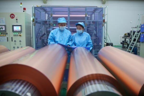 Employees work on a production line for lithium-ion battery copper foil at Lingbao Baoxin Electronic Science and Technology in Sanmenxia, in central China’s Henan province, on April 17. Photo: VCG via Getty Images Employees work on a production line for lithium-ion battery copper foil at Lingbao Baoxin Electronic Science and Technology in Sanmenxia, in central China’s Henan province, on April 17. Photo: VCG via Getty Images