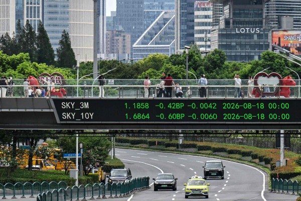 Bond yields displayed on a pedestrian walkway in Shanghai. Photo: AFP