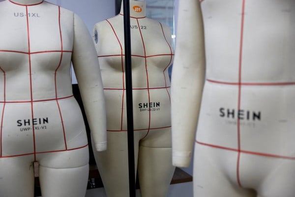 Dress form mannequins bearing Shein logos at a garment factory in Guangzhou’s Panyu district last month. Photo: Reuters Dress form mannequins bearing Shein logos at a garment factory in Guangzhou’s Panyu district last month. Photo: Reuters