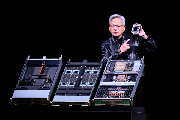 Nvidia CEO Jensen Huang introducing Vera Rubin, a next-generation AI data centre platform, and Rubin Ultra,  a next-generation AI GPU architecture, at a conference in San Jose, California, on March 16. He disagrees that Nvidia’s deals are circular. Photo: AFP