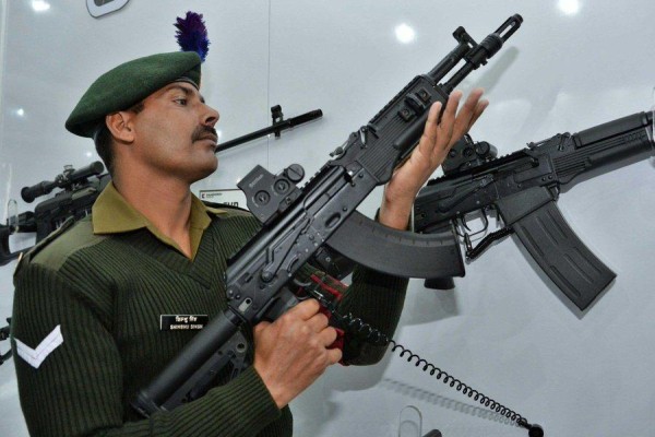 An Indian Army soldier inspects a new AK-203 Sher rifle. Photo: Handout