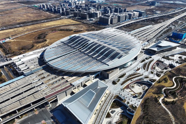 This aerial drone photo, taken in March, shows a railway station in China’s Xiongan New Area. Photo: Xinhua