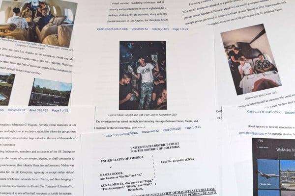 A photo of Malone Lam in a Miami nightclub was included in this US Justice Department court filing in the case against Hamza Doost and Kunal Mehta, photographed on Friday. Photo: AP A photo of Malone Lam in a Miami nightclub was included in this US Justice Department court filing in the case against Hamza Doost and Kunal Mehta, photographed on Friday. Photo: AP