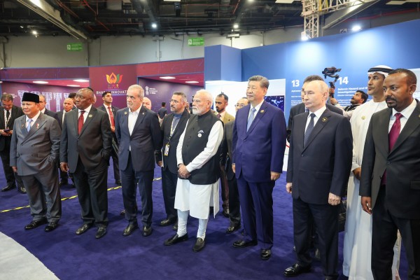 Attending an exhibition during the Brics summit are (from left) Iranian President Masoud Pezeshkian, Indian Prime Minister Narendra Modi, Chinese President Xi Jinping and Russian President Vladimir Putin, in New Delhi, India, on September 12. Photo: Handout