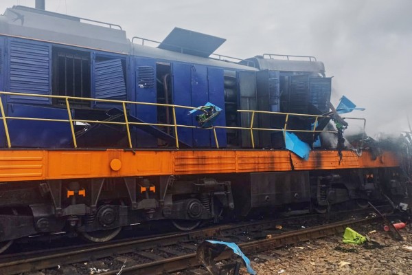 A locomotive damaged in a Russian drone attack at Yahodyn railway station near Ukraine’s border with Poland. Photo: Ukrainian Ukrzaliznytsia Railway Company via AP
