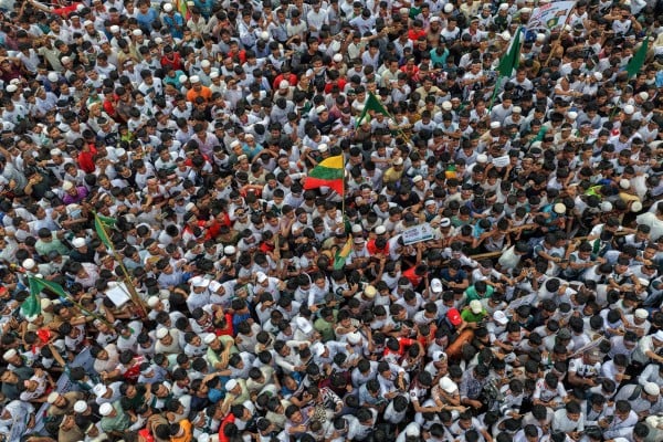 Rohingya refugees take part in a rally at a refugee camp in Bangladesh’s Cox’s Bazar last month. Photo: AFP Rohingya refugees take part in a rally at a refugee camp in Bangladesh’s Cox’s Bazar last month. Photo: AFP