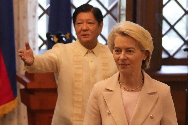 Philippine President Ferdinand Marcos Jnr gestures to European Commission President Ursula von der Leyen during a visit to Manila in 2023. She is expected to return next year to sign a trade pact. Photo: AFP Philippine President Ferdinand Marcos Jnr gestures to European Commission President Ursula von der Leyen during a visit to Manila in 2023. She is expected to return next year to sign a trade pact. Photo: AFP