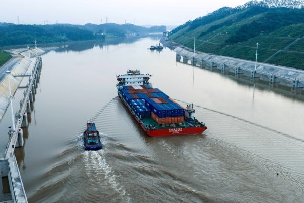 A Panama-flagged container ship on the Pinglu Canal this month. Photo: Xinhua A Panama-flagged container ship on the Pinglu Canal this month. Photo: Xinhua