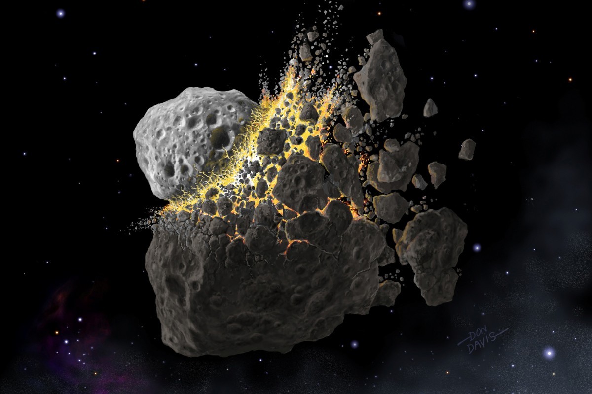 This illustration shows a giant asteroid collision between Mars and Jupiter that occurred 466 million years ago and produced the dust that led to an ice age on Earth.