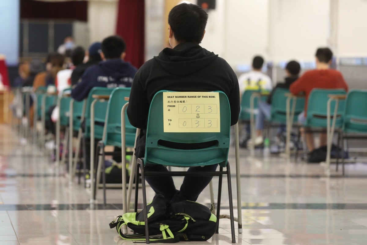 Secondary school students taking the Hong Kong Diploma of Secondary Education exam.