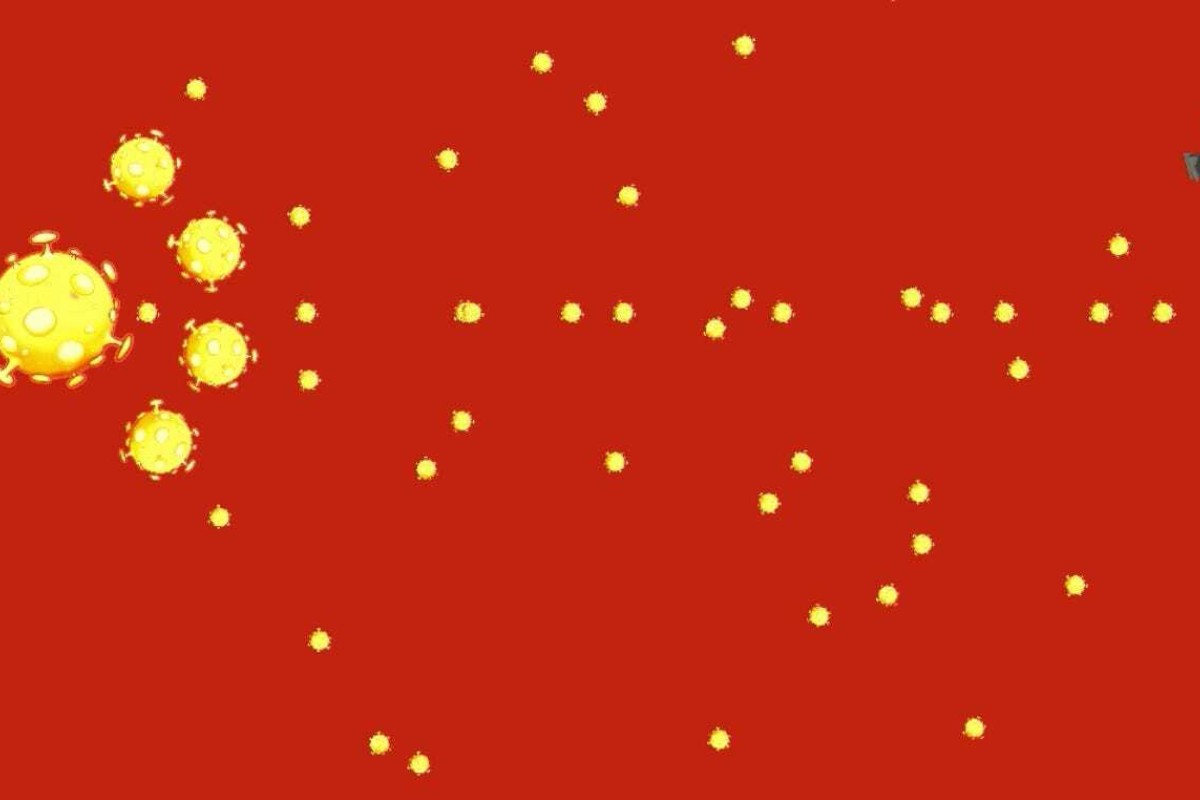 A still from the game shows a motif made of coronavirus pathogens shaped to look like the Chinese flag.