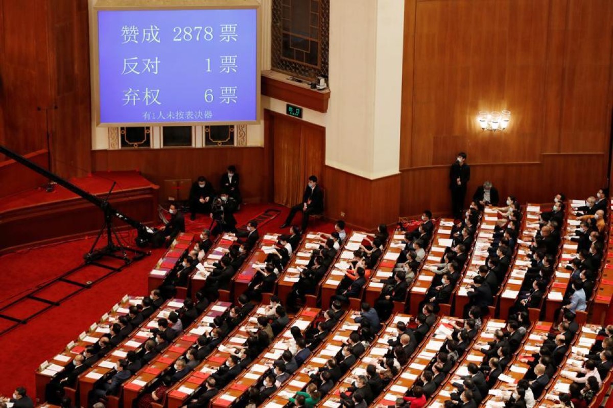 A screen shows the results of the vote on the national security legislation for Hong Kong Special Administrative Region at the closing session of the National People's Congress (NPC) at the Great Hall of the People in Beijing. Photo: Reuters