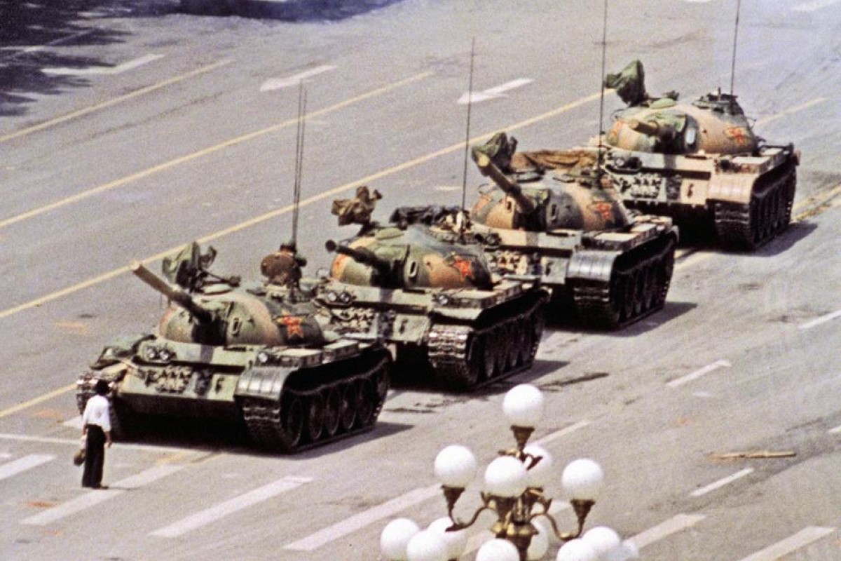 On June 5, 1989, a lone man confronts a column of Chinese tanks on Chang Ahn Boulevard just a day after a military crackdown which left scores of dead.symbol for democracy and freedom of rights. Photo: AP