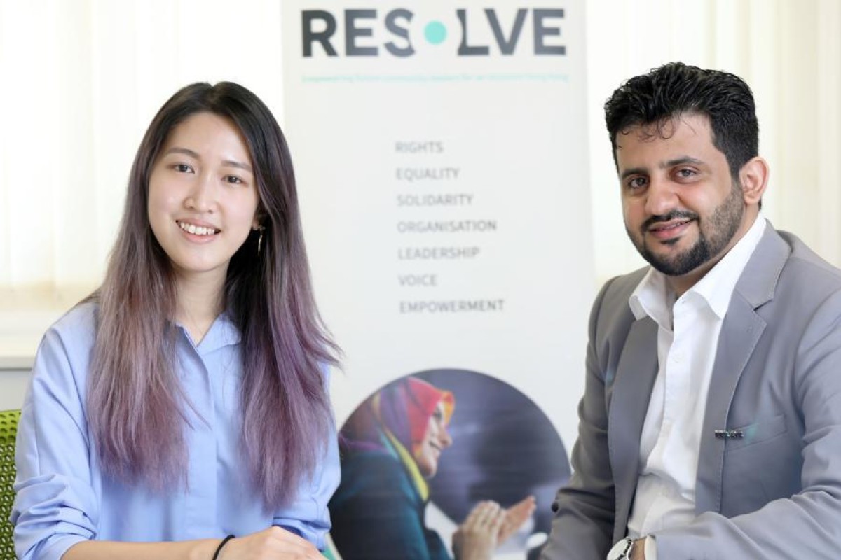 Photo from an interview with Spirit of Hong Kong 2020 nominee Kelly Shek Wing-man (left) and Saad Hemyar Hussein Abdo Ayedh of Resolve Foundation.