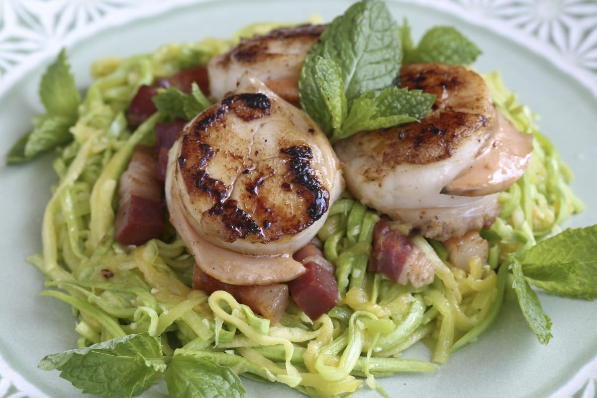 Seared scallops with Korean zucchini "spaghetti" recipe SCMP Cooking