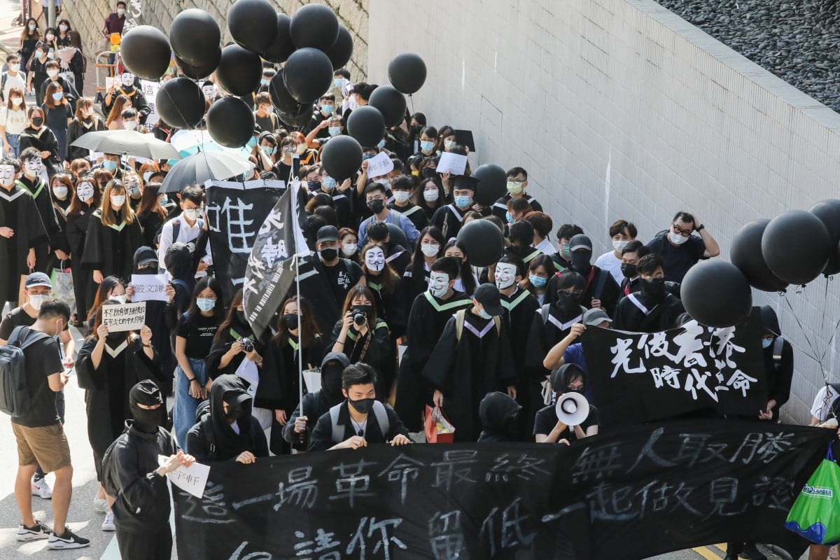 Many students protested during the graduation, although the ceremony was meant to be held online. Photo: SCMP/K. Y. Cheng