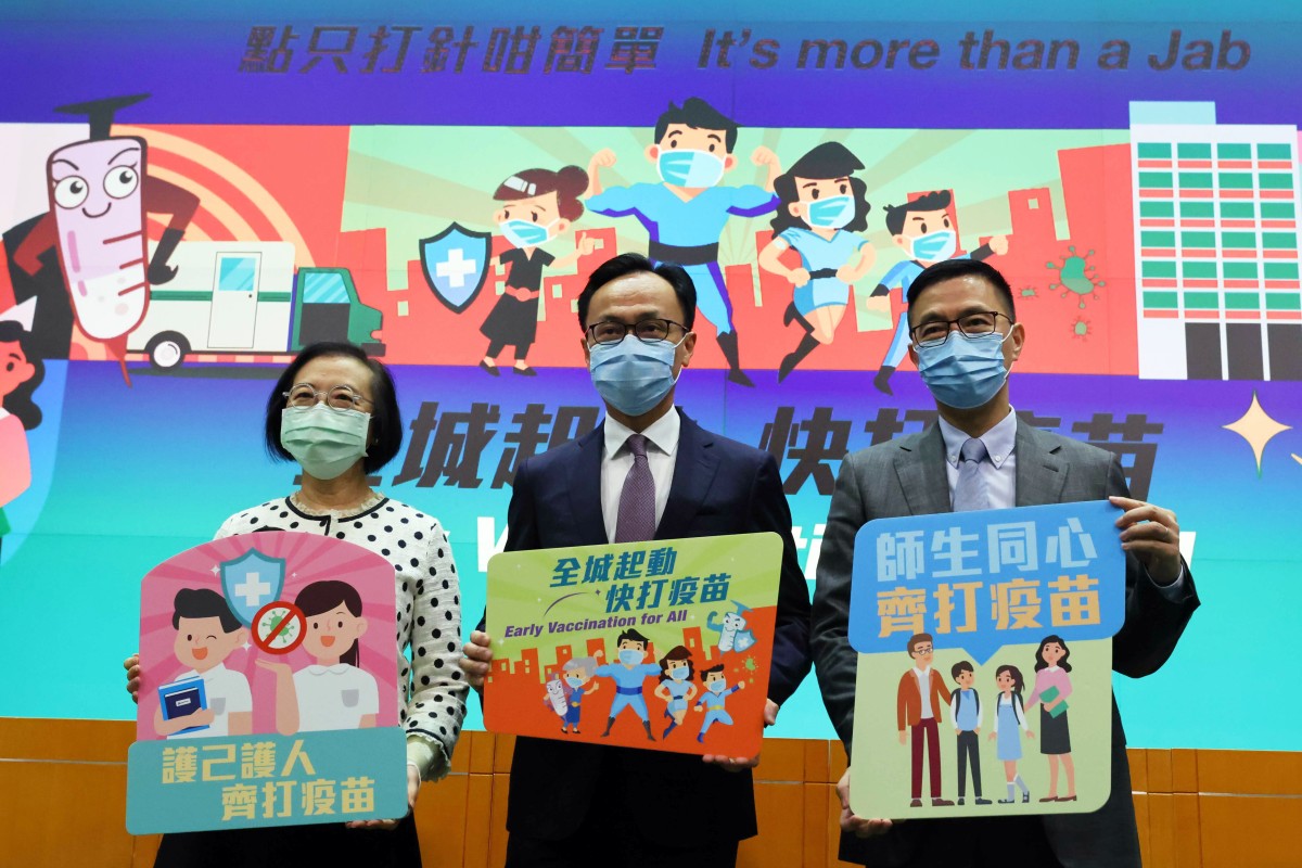 Sophia Chan, Secretary for Food and Health; Patrick Nip, Secretary for the Civil Service and Kevin Yeung, Secretary for Education, meet the media to speak about the COVID-19 Vaccination Programme. Photo: SCMP/Dickson Lee