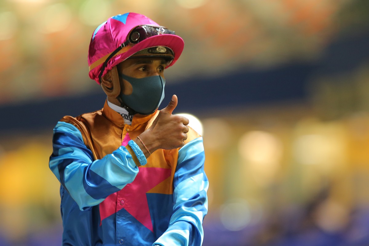 Karis Teetan gives the thumbs up after collecting a treble at Happy Valley on Thursday night. Photo: Kenneth Chan