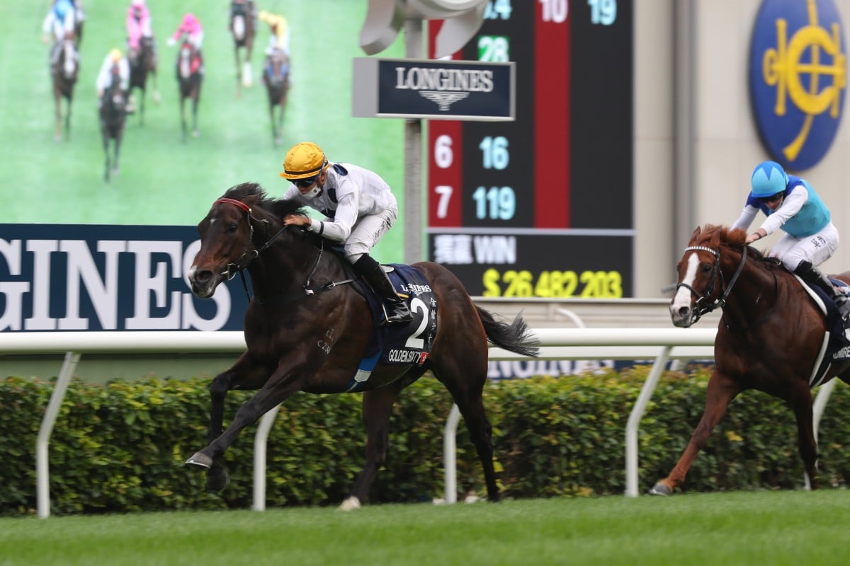 Golden Sixty wins the Hong Kong Mile in December. Photos: Kenneth Chan