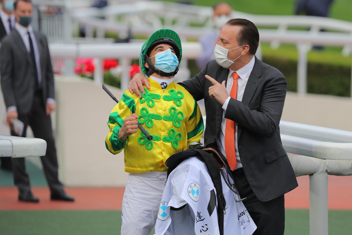 Jockey Joao Moreira and trainer Caspar Fownes celebrate their Derby victory. Photos: Kenneth Chan