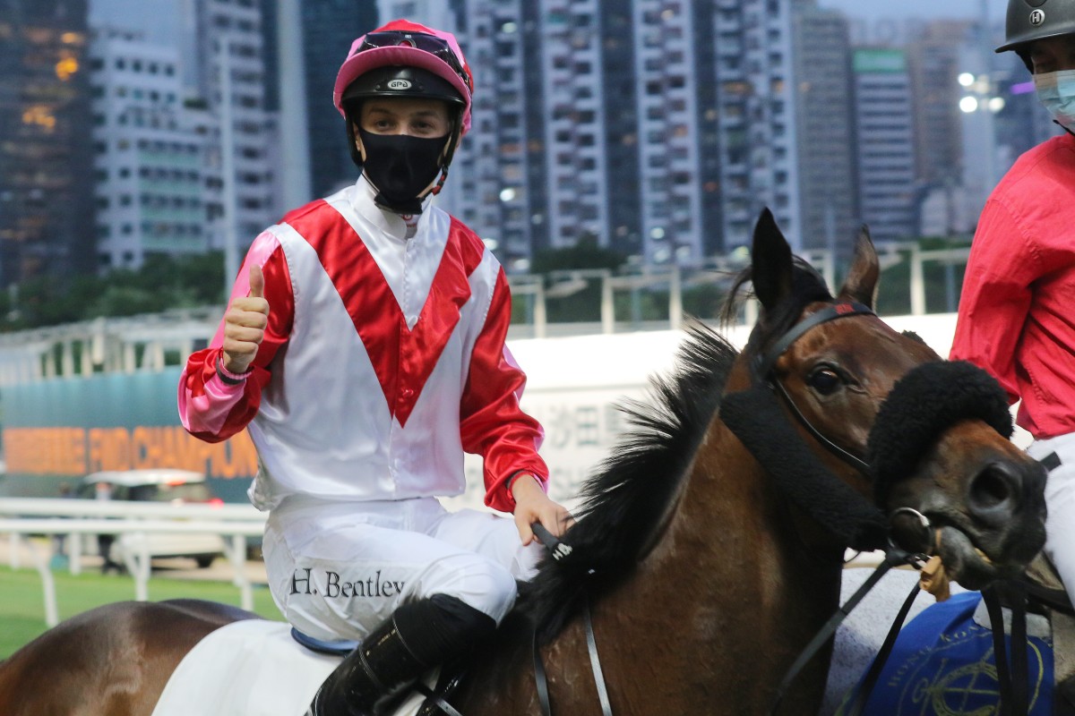 Harry Bentley celebrates after notching his first Hong Kong winner. Photos: Kenneth Chan
