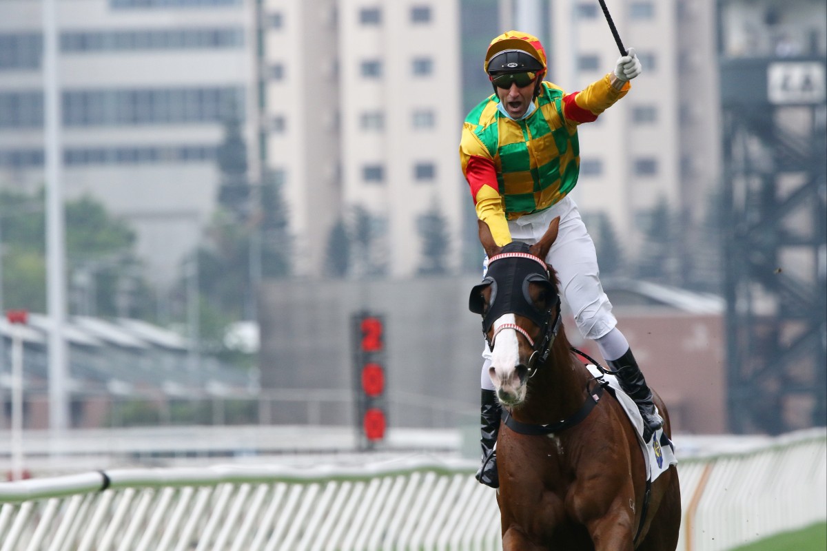 Neil Callan celebrates a Group Two win aboard Mighty Giant. Photos: Kenneth Chan.