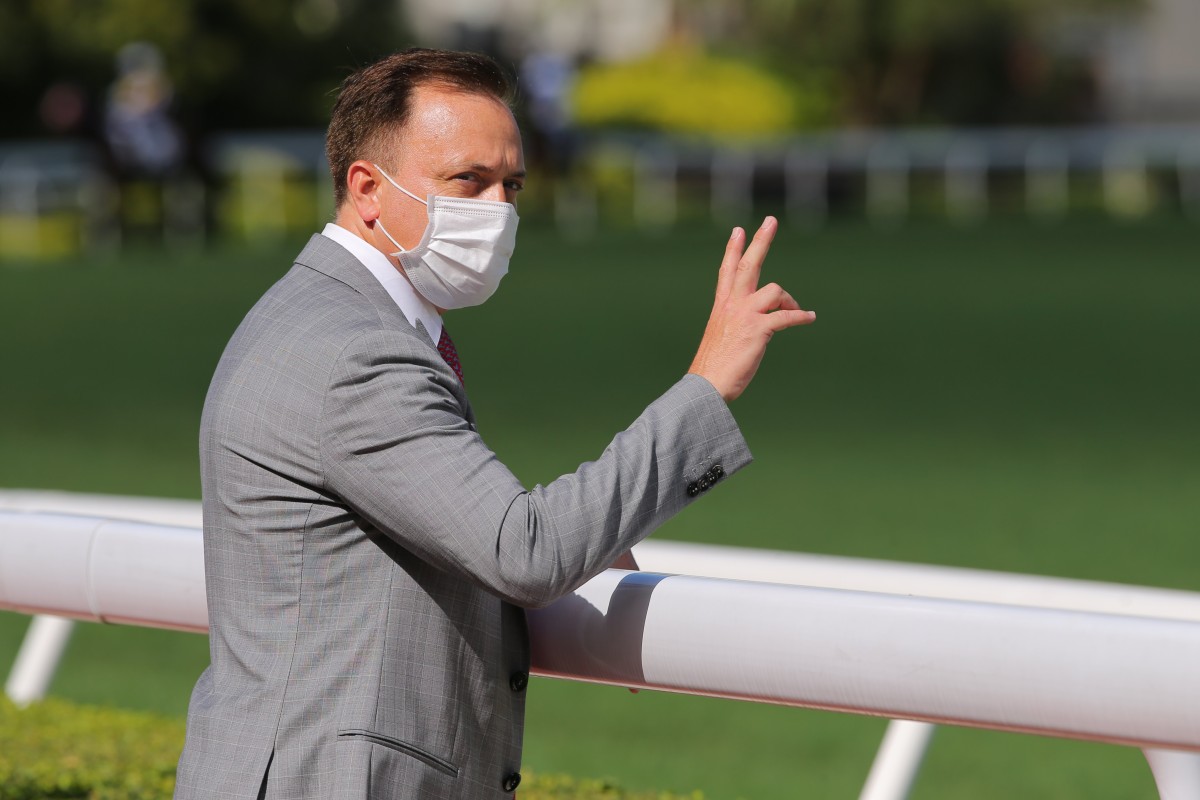 Caspar Fownes celebrates one of his 69 winners this season. Photos: Kenneth Chan