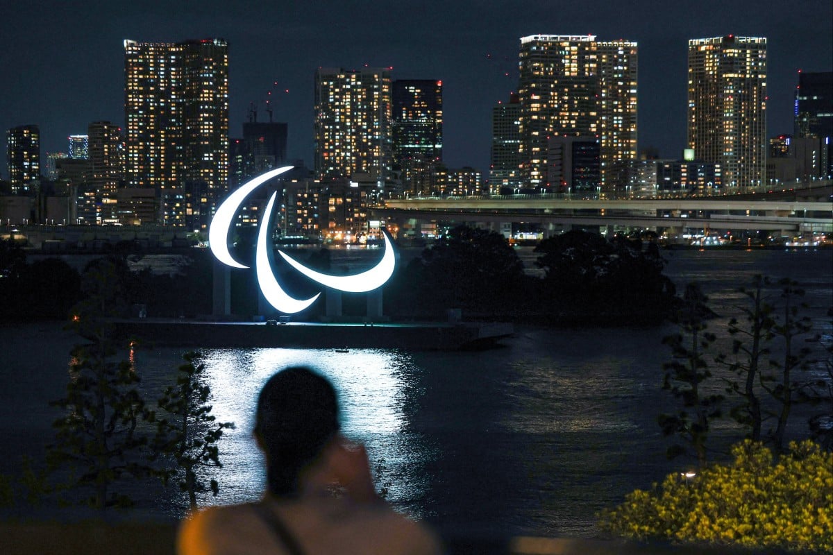An illuminated Paralympic symbol is seen at the waterfront area of Odaiba Marine Park ahead of the opening ceremony of the Tokyo 2020 Paralympic Games, which begin on Tuesday. Photo: Reuters